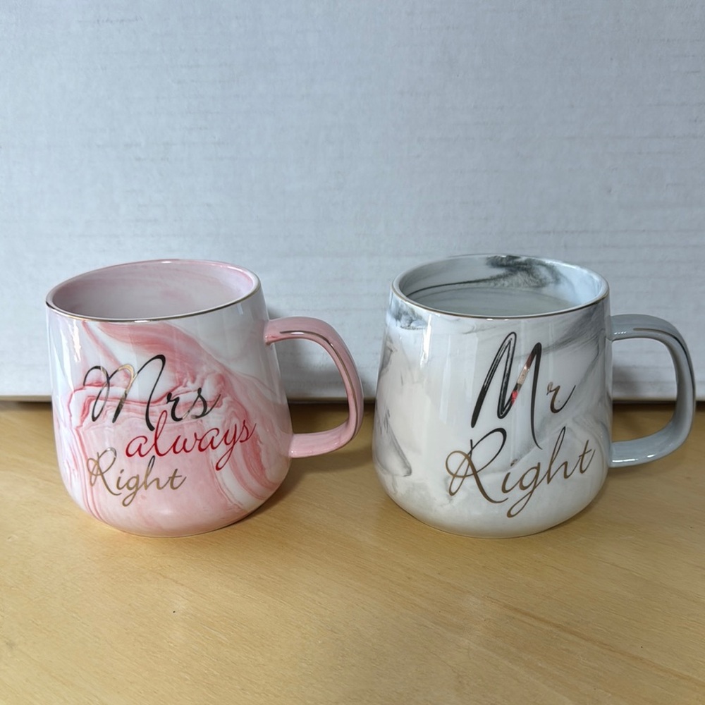 Mr. and Mrs. Right Marble Mug Set - Pink and Gray